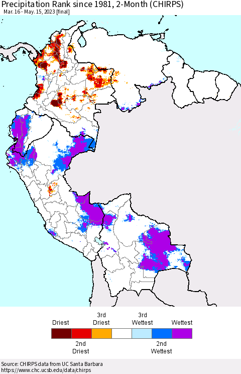 Northern South America Precipitation Rank since 1981, 2-Month (CHIRPS) Thematic Map For 3/16/2023 - 5/15/2023