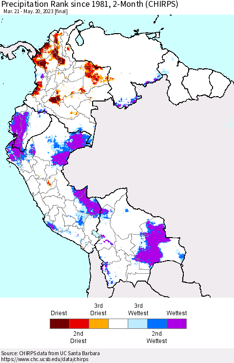 Northern South America Precipitation Rank since 1981, 2-Month (CHIRPS) Thematic Map For 3/21/2023 - 5/20/2023
