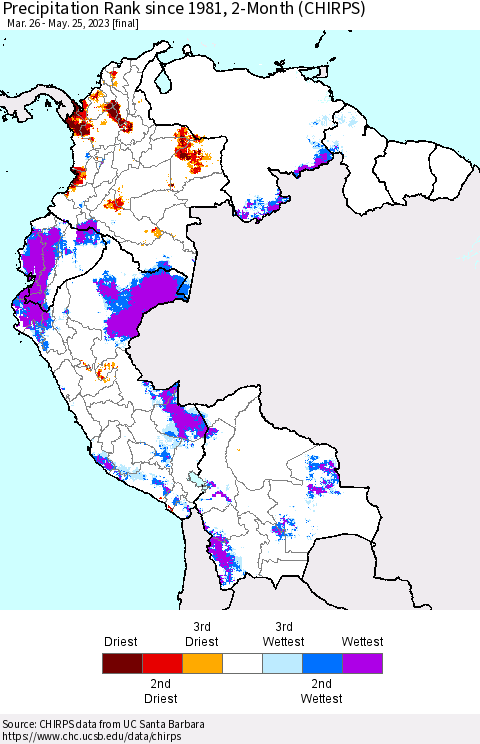 Northern South America Precipitation Rank since 1981, 2-Month (CHIRPS) Thematic Map For 3/26/2023 - 5/25/2023