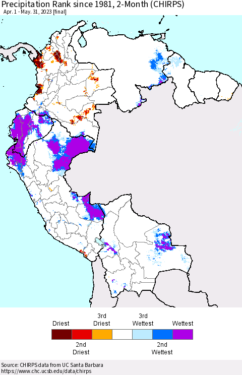 Northern South America Precipitation Rank since 1981, 2-Month (CHIRPS) Thematic Map For 4/1/2023 - 5/31/2023