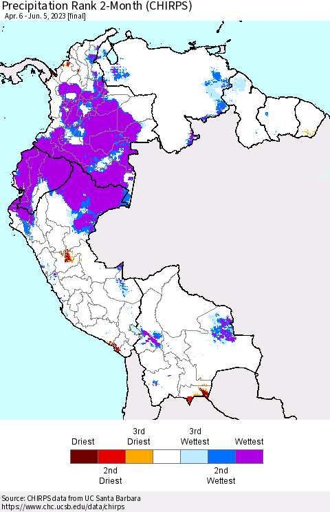 Northern South America Precipitation Rank since 1981, 2-Month (CHIRPS) Thematic Map For 4/6/2023 - 6/5/2023
