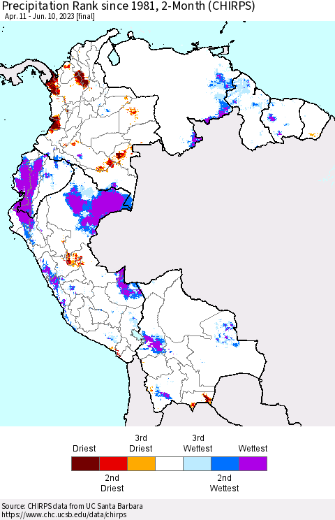 Northern South America Precipitation Rank since 1981, 2-Month (CHIRPS) Thematic Map For 4/11/2023 - 6/10/2023