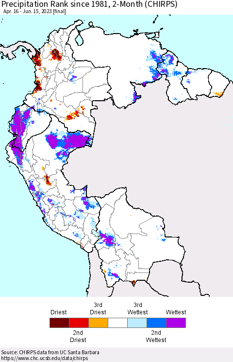 Northern South America Precipitation Rank since 1981, 2-Month (CHIRPS) Thematic Map For 4/16/2023 - 6/15/2023