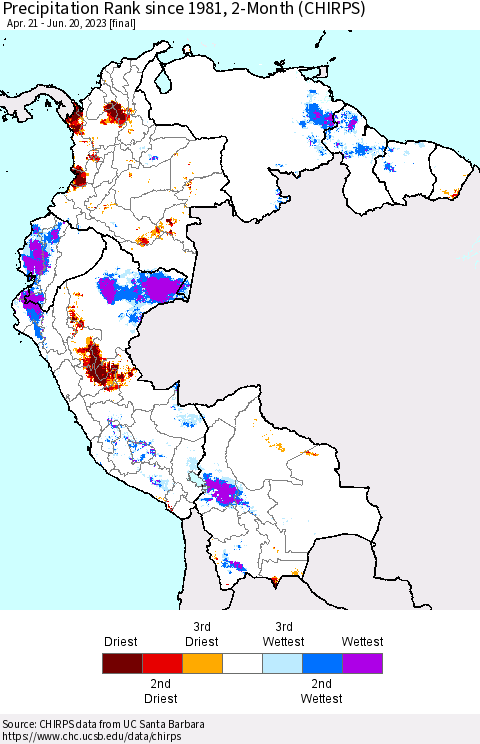 Northern South America Precipitation Rank since 1981, 2-Month (CHIRPS) Thematic Map For 4/21/2023 - 6/20/2023