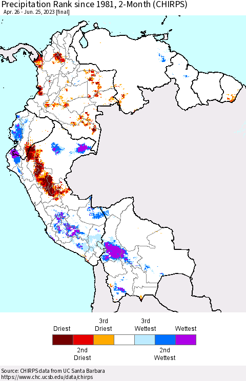 Northern South America Precipitation Rank since 1981, 2-Month (CHIRPS) Thematic Map For 4/26/2023 - 6/25/2023