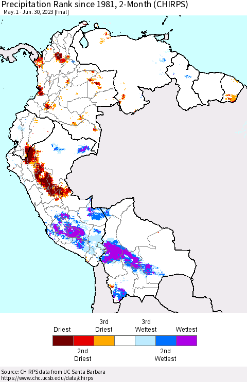 Northern South America Precipitation Rank since 1981, 2-Month (CHIRPS) Thematic Map For 5/1/2023 - 6/30/2023