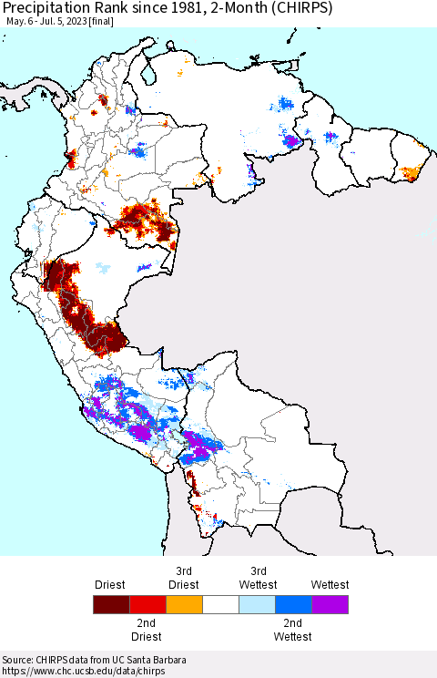 Northern South America Precipitation Rank since 1981, 2-Month (CHIRPS) Thematic Map For 5/6/2023 - 7/5/2023