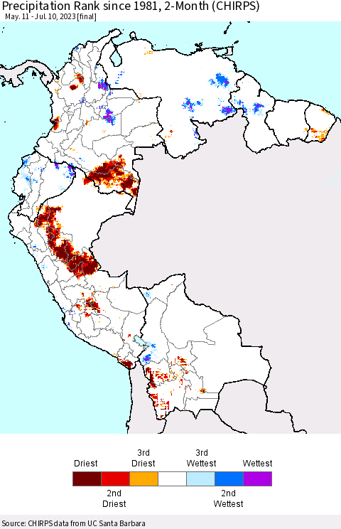 Northern South America Precipitation Rank since 1981, 2-Month (CHIRPS) Thematic Map For 5/11/2023 - 7/10/2023