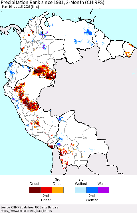 Northern South America Precipitation Rank since 1981, 2-Month (CHIRPS) Thematic Map For 5/16/2023 - 7/15/2023