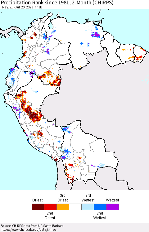 Northern South America Precipitation Rank since 1981, 2-Month (CHIRPS) Thematic Map For 5/21/2023 - 7/20/2023
