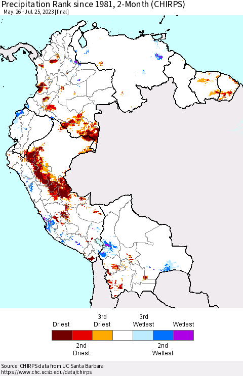 Northern South America Precipitation Rank since 1981, 2-Month (CHIRPS) Thematic Map For 5/26/2023 - 7/25/2023
