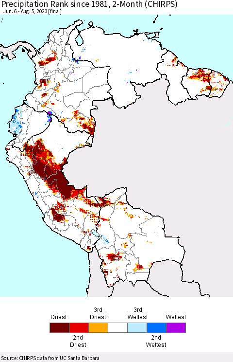 Northern South America Precipitation Rank since 1981, 2-Month (CHIRPS) Thematic Map For 6/6/2023 - 8/5/2023