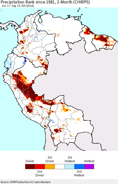 Northern South America Precipitation Rank since 1981, 2-Month (CHIRPS) Thematic Map For 6/11/2023 - 8/10/2023