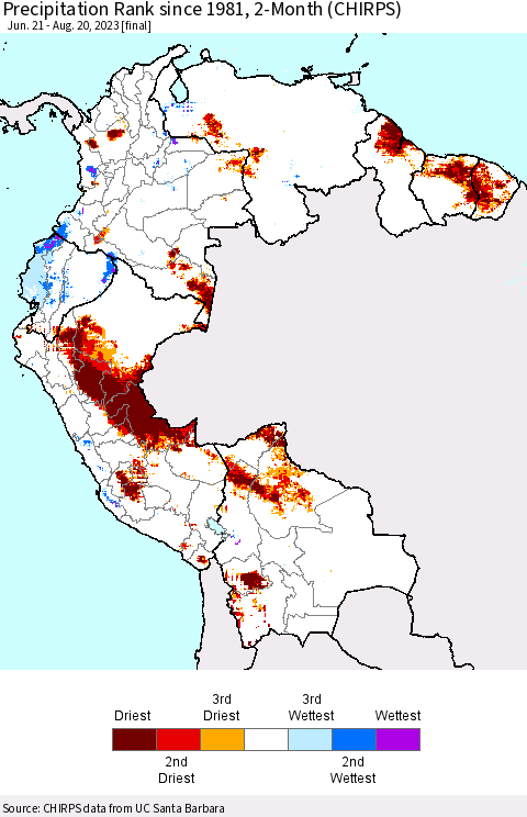 Northern South America Precipitation Rank since 1981, 2-Month (CHIRPS) Thematic Map For 6/21/2023 - 8/20/2023