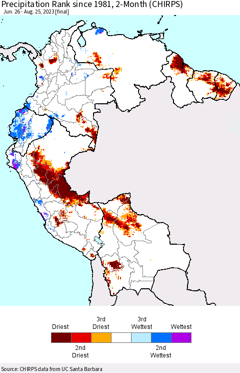 Northern South America Precipitation Rank since 1981, 2-Month (CHIRPS) Thematic Map For 6/26/2023 - 8/25/2023