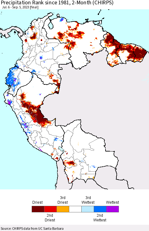Northern South America Precipitation Rank since 1981, 2-Month (CHIRPS) Thematic Map For 7/6/2023 - 9/5/2023