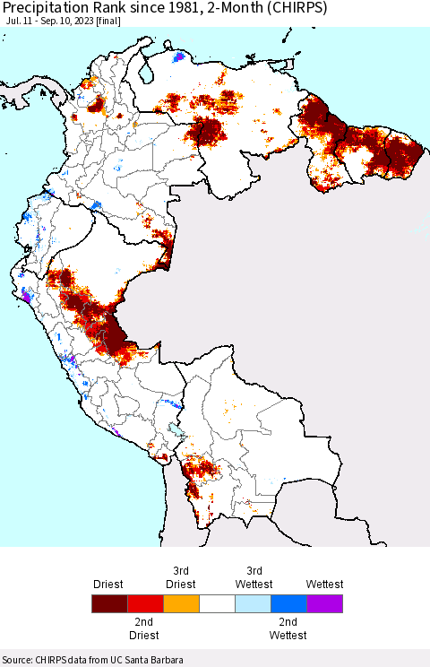 Northern South America Precipitation Rank since 1981, 2-Month (CHIRPS) Thematic Map For 7/11/2023 - 9/10/2023