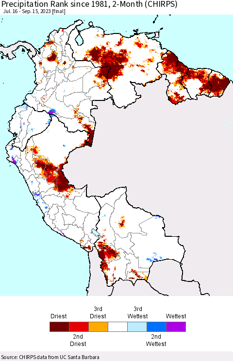 Northern South America Precipitation Rank since 1981, 2-Month (CHIRPS) Thematic Map For 7/16/2023 - 9/15/2023