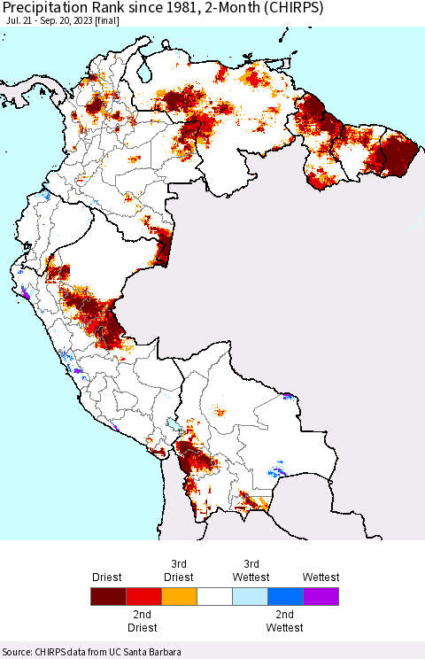 Northern South America Precipitation Rank since 1981, 2-Month (CHIRPS) Thematic Map For 7/21/2023 - 9/20/2023
