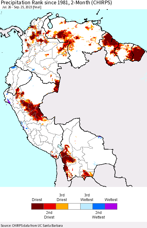 Northern South America Precipitation Rank since 1981, 2-Month (CHIRPS) Thematic Map For 7/26/2023 - 9/25/2023