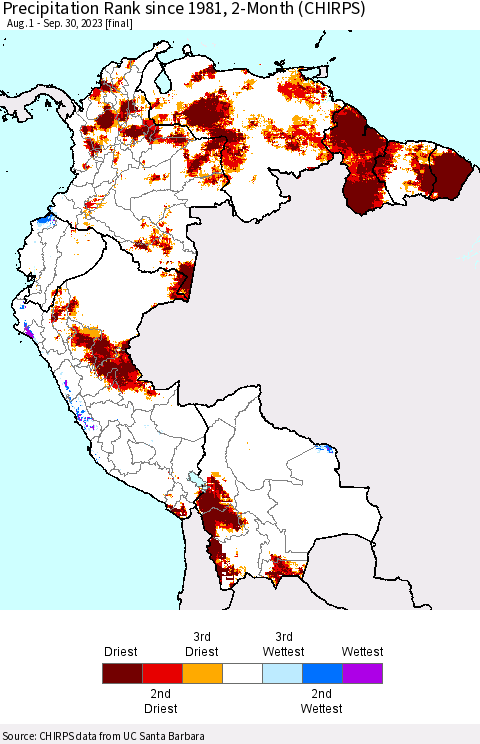 Northern South America Precipitation Rank since 1981, 2-Month (CHIRPS) Thematic Map For 8/1/2023 - 9/30/2023