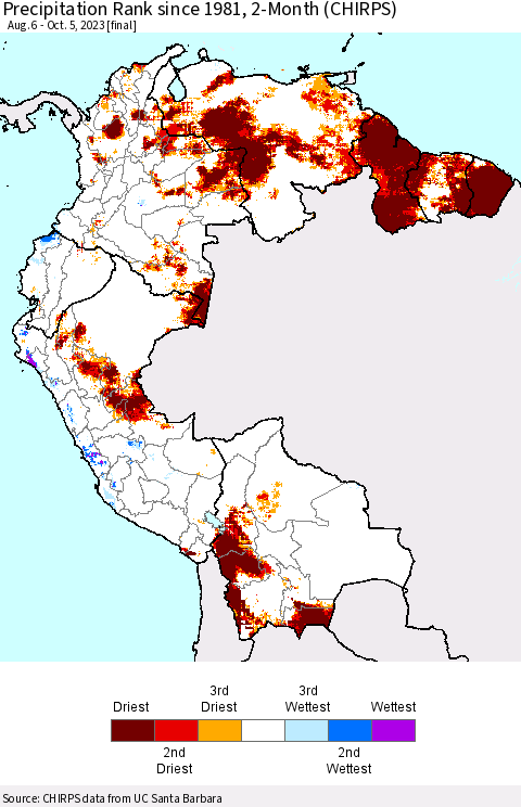 Northern South America Precipitation Rank since 1981, 2-Month (CHIRPS) Thematic Map For 8/6/2023 - 10/5/2023