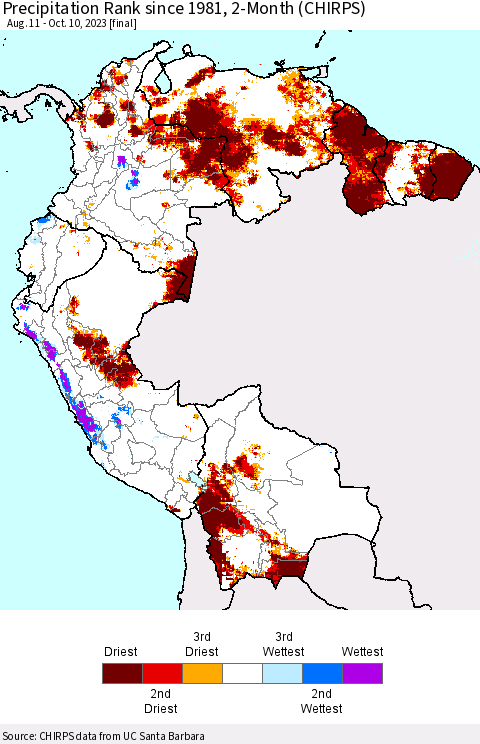 Northern South America Precipitation Rank since 1981, 2-Month (CHIRPS) Thematic Map For 8/11/2023 - 10/10/2023