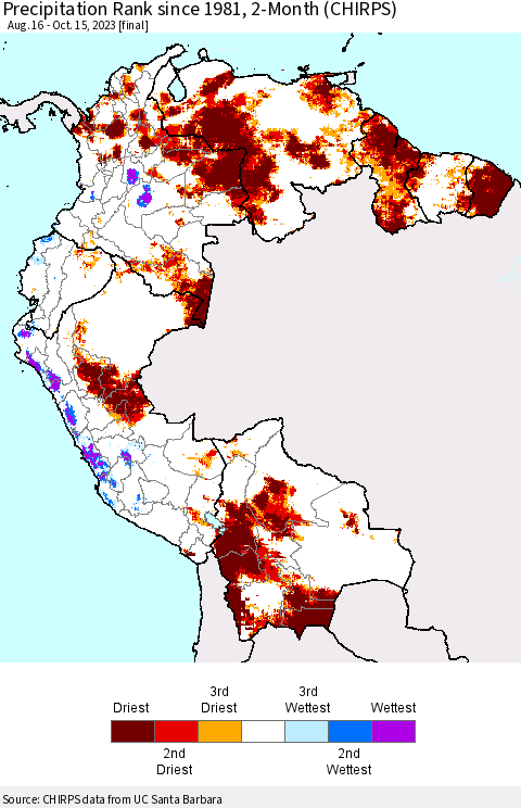 Northern South America Precipitation Rank since 1981, 2-Month (CHIRPS) Thematic Map For 8/16/2023 - 10/15/2023