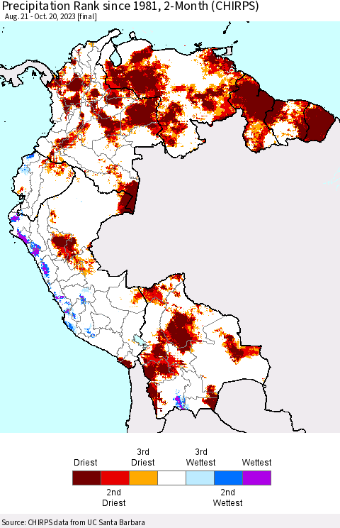 Northern South America Precipitation Rank since 1981, 2-Month (CHIRPS) Thematic Map For 8/21/2023 - 10/20/2023