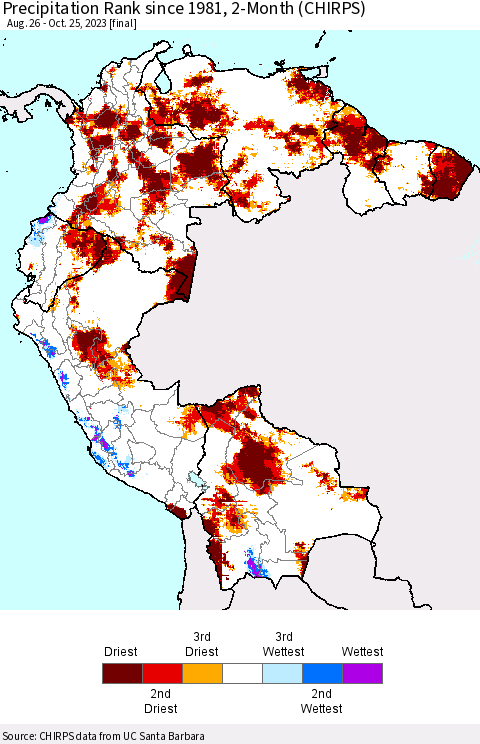 Northern South America Precipitation Rank since 1981, 2-Month (CHIRPS) Thematic Map For 8/26/2023 - 10/25/2023