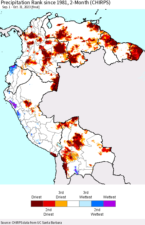 Northern South America Precipitation Rank since 1981, 2-Month (CHIRPS) Thematic Map For 9/1/2023 - 10/31/2023