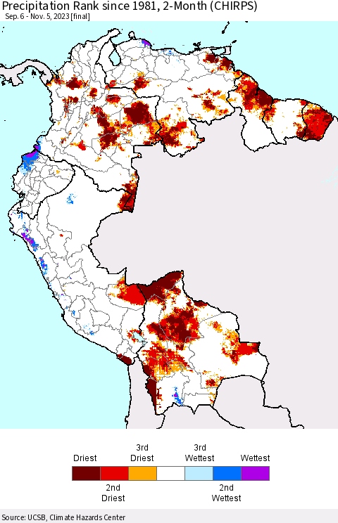Northern South America Precipitation Rank since 1981, 2-Month (CHIRPS) Thematic Map For 9/6/2023 - 11/5/2023