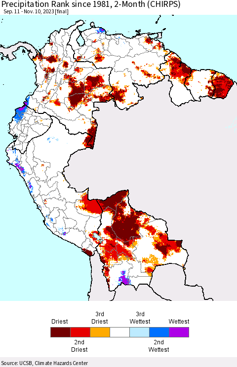 Northern South America Precipitation Rank since 1981, 2-Month (CHIRPS) Thematic Map For 9/11/2023 - 11/10/2023