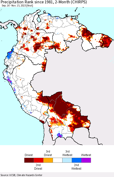 Northern South America Precipitation Rank since 1981, 2-Month (CHIRPS) Thematic Map For 9/16/2023 - 11/15/2023