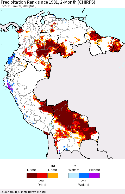 Northern South America Precipitation Rank since 1981, 2-Month (CHIRPS) Thematic Map For 9/21/2023 - 11/20/2023