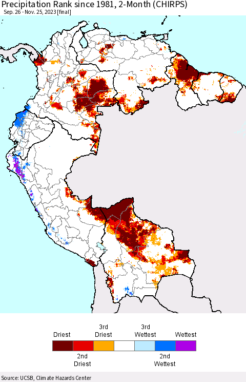 Northern South America Precipitation Rank since 1981, 2-Month (CHIRPS) Thematic Map For 9/26/2023 - 11/25/2023
