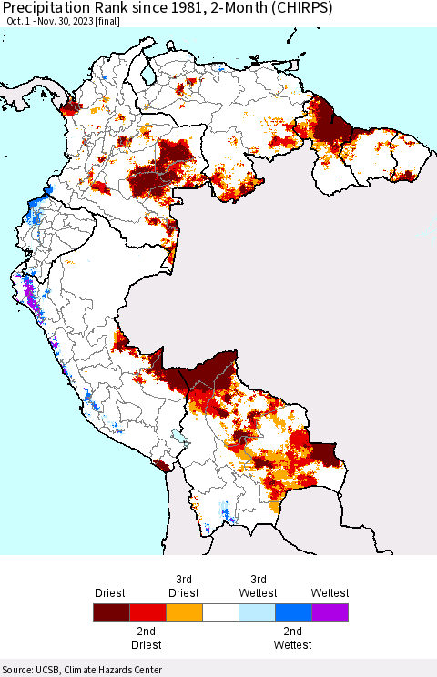 Northern South America Precipitation Rank since 1981, 2-Month (CHIRPS) Thematic Map For 10/1/2023 - 11/30/2023