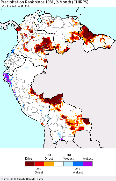 Northern South America Precipitation Rank since 1981, 2-Month (CHIRPS) Thematic Map For 10/6/2023 - 12/5/2023