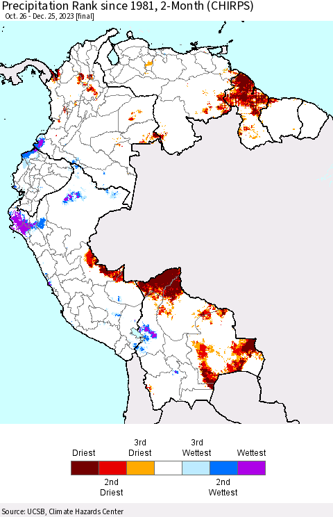 Northern South America Precipitation Rank since 1981, 2-Month (CHIRPS) Thematic Map For 10/26/2023 - 12/25/2023