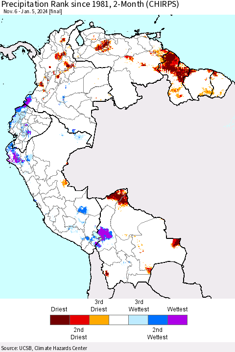 Northern South America Precipitation Rank since 1981, 2-Month (CHIRPS) Thematic Map For 11/6/2023 - 1/5/2024