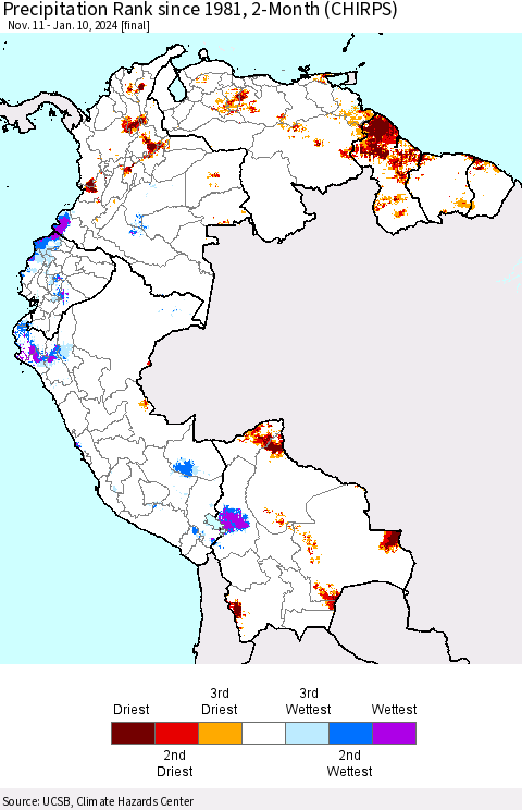 Northern South America Precipitation Rank since 1981, 2-Month (CHIRPS) Thematic Map For 11/11/2023 - 1/10/2024