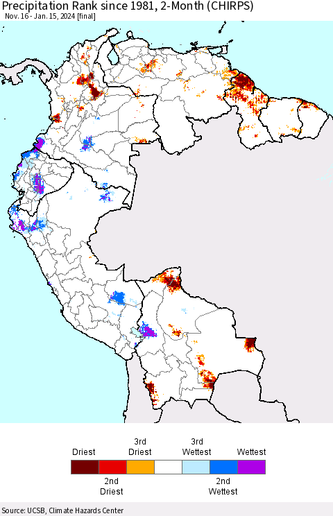 Northern South America Precipitation Rank since 1981, 2-Month (CHIRPS) Thematic Map For 11/16/2023 - 1/15/2024