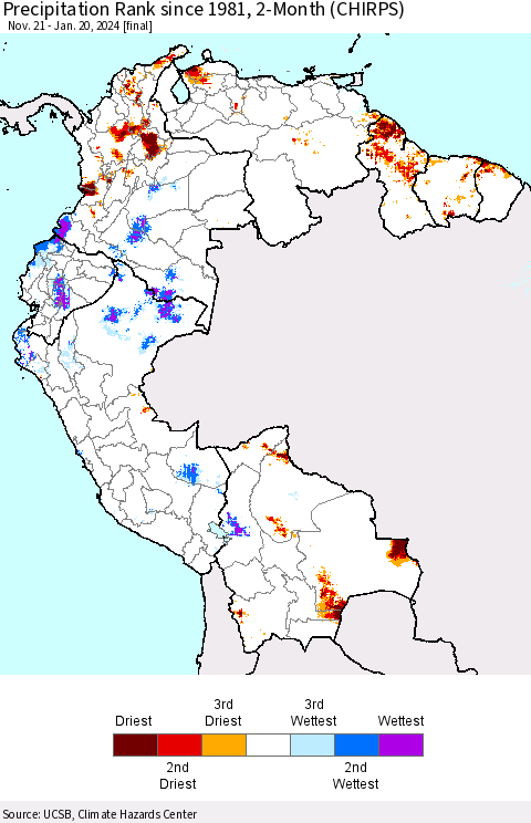 Northern South America Precipitation Rank since 1981, 2-Month (CHIRPS) Thematic Map For 11/21/2023 - 1/20/2024