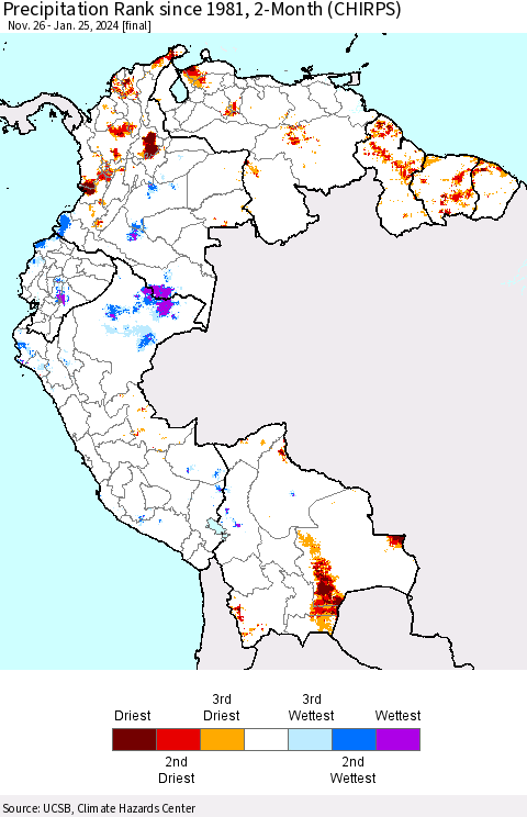 Northern South America Precipitation Rank since 1981, 2-Month (CHIRPS) Thematic Map For 11/26/2023 - 1/25/2024