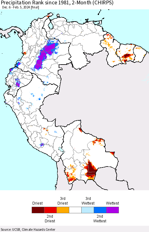 Northern South America Precipitation Rank since 1981, 2-Month (CHIRPS) Thematic Map For 12/6/2023 - 2/5/2024