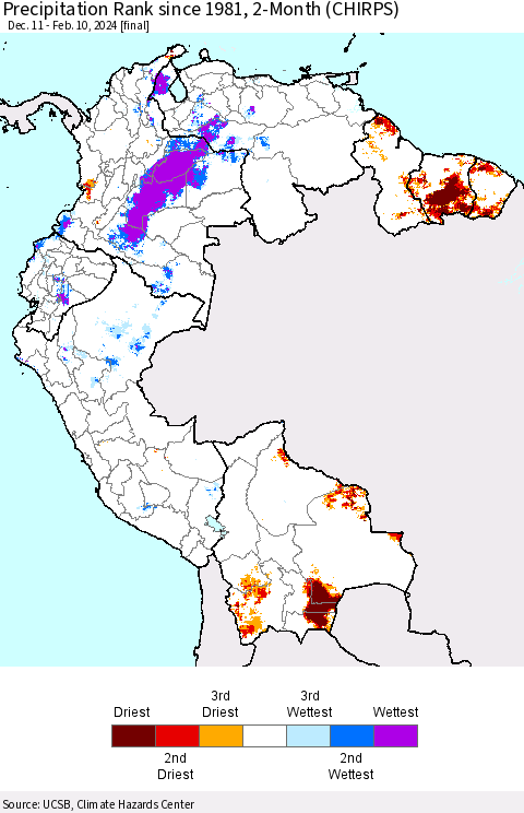 Northern South America Precipitation Rank since 1981, 2-Month (CHIRPS) Thematic Map For 12/11/2023 - 2/10/2024