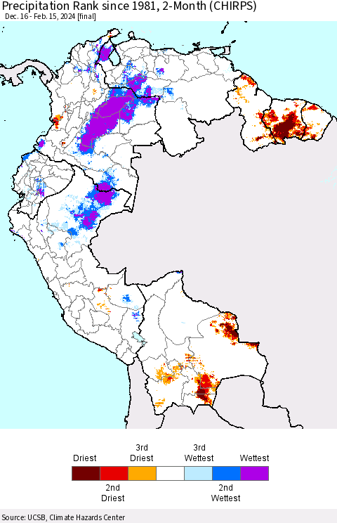 Northern South America Precipitation Rank since 1981, 2-Month (CHIRPS) Thematic Map For 12/16/2023 - 2/15/2024