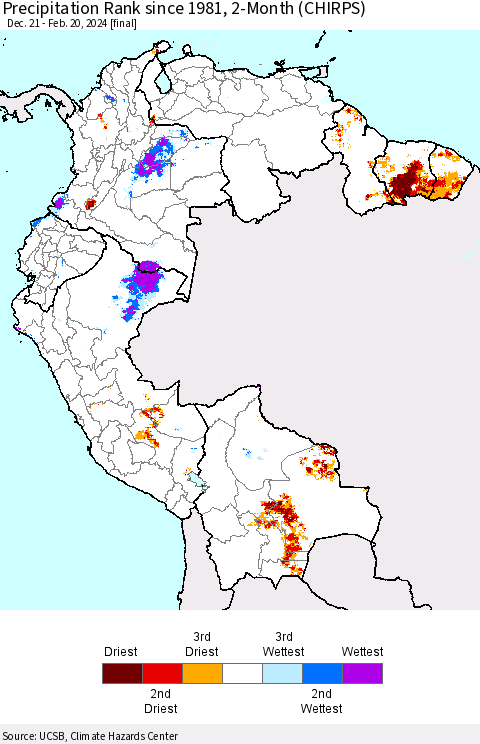 Northern South America Precipitation Rank since 1981, 2-Month (CHIRPS) Thematic Map For 12/21/2023 - 2/20/2024