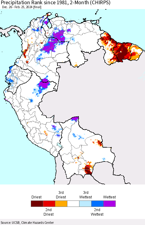 Northern South America Precipitation Rank since 1981, 2-Month (CHIRPS) Thematic Map For 12/26/2023 - 2/25/2024