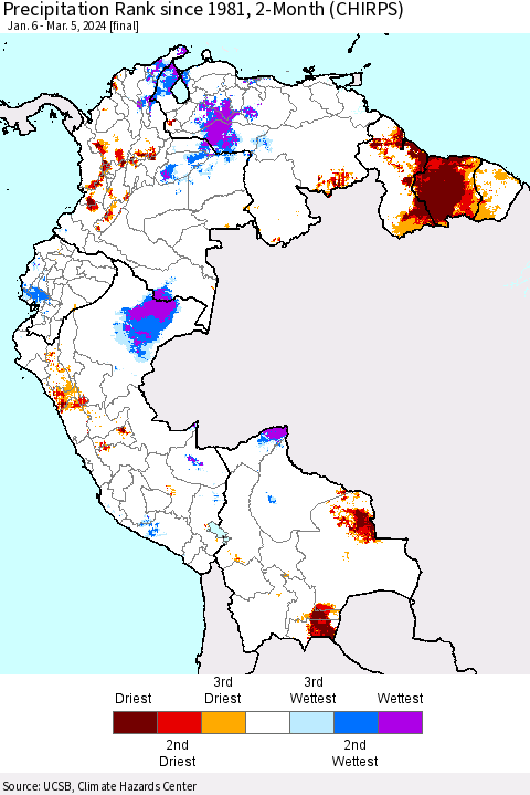 Northern South America Precipitation Rank since 1981, 2-Month (CHIRPS) Thematic Map For 1/6/2024 - 3/5/2024